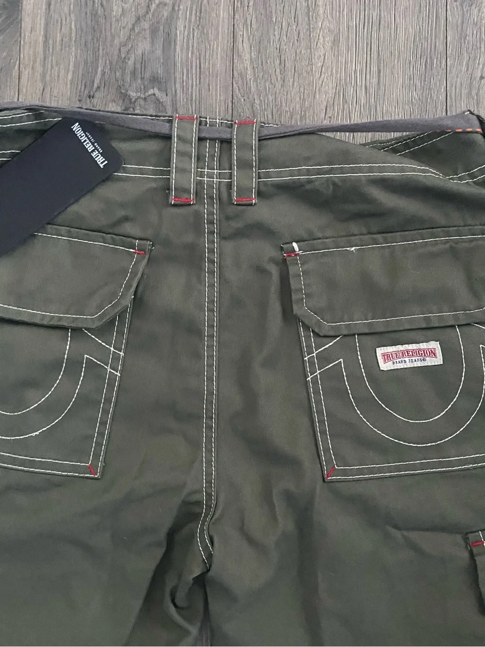 True Religion Men's Olive Cargo Pants with Contrast Stitching